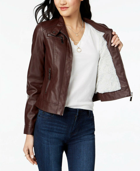 NEW JOUJOU Women Faux-Fur Brown Lined Winter Moto Jacket Zip Pockets Size M