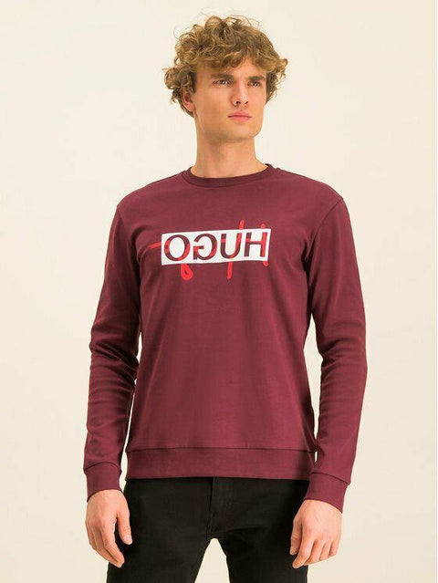 New HUGO BOSS Men's Long Sleeve Graphic Logo Sweat Shirt Wine Pullover Size M - evorr.com