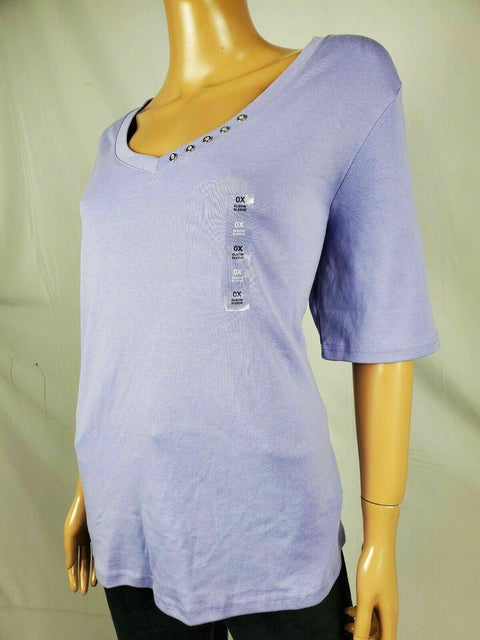 Karen Scott Womens Elbow Sleeve V-Neck Button Purple Liliac Blouse Top Plus 0X - evorr.com