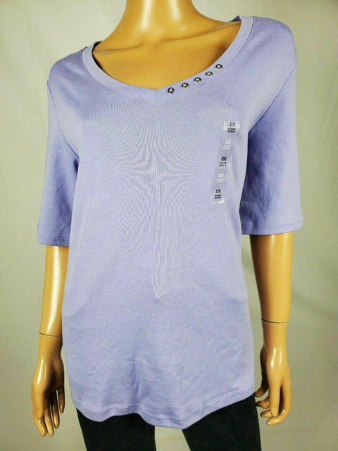 Karen Scott Womens Elbow Sleeve V-Neck Button Purple Liliac Blouse Top Plus 0X - evorr.com