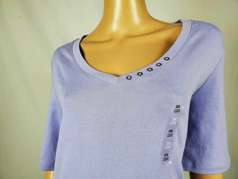Karen Scott Womens Elbow Sleeve V-Neck Button Purple Liliac Blouse Top Plus 0X - evorr.com