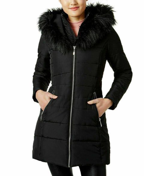 New Maralyn & Me Women's Faux-Fur Trim Hooded Puffer Jacket Black Size M - evorr.com