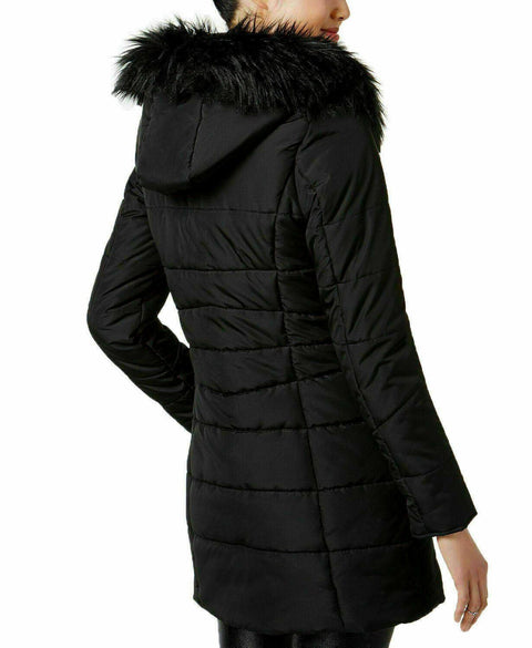 New Maralyn & Me Women's Faux-Fur Trim Hooded Puffer Jacket Black Size M - evorr.com