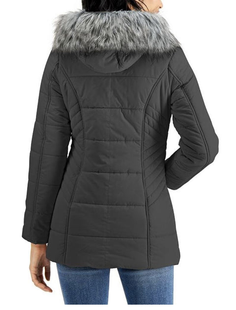 NEW Maralyn & Me Women's Faux-Fur Trim Hooded Puffer Jacket Gray Long Sleeve M