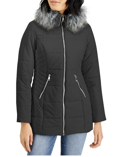 NEW Maralyn & Me Women's Faux-Fur Trim Hooded Puffer Jacket Gray Long Sleeve XS