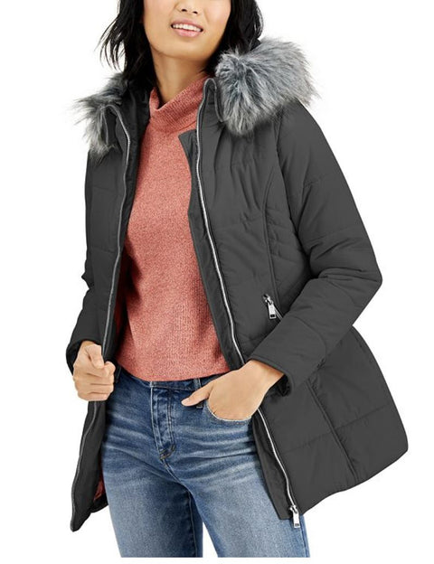 NEW Maralyn & Me Women's Faux-Fur Trim Hooded Puffer Jacket Gray Long Sleeve XS