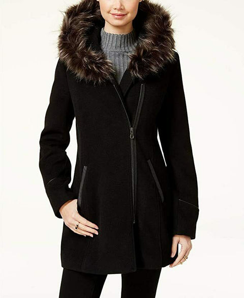 NEW Maralyn & Me Women Faux-Fur Hooded Jacket Coat Black Pockets Jacket Size L