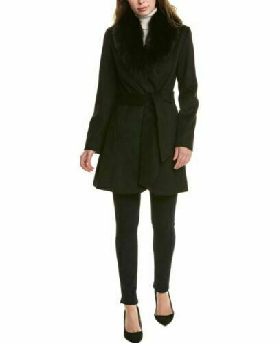 $540 NEW Forecaster Women Fox-Fur-Trim Belted Wrap Wool Coat Jacket Dark Green 8