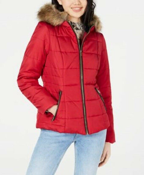 New Celebrity PINK Women's RED Puffer Jacket Coat Faux Fur Trim hood Size S