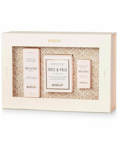 WOODLOT 3-Pc. Rose & Palo Holiday Gift Set Mist Candle Essential Oil cleansing