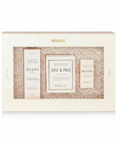 WOODLOT 3-Pc. Rose & Palo Holiday Gift Set Mist Candle Essential Oil cleansing