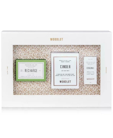 WOODLOT 3-Pc. Essentials Holiday Gift Set Recharge Soap Bar Cinder Candle Oil