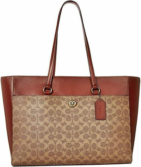 $295 COACH Womens Crossgrain Leather Folio Signature Tote Shoulder Bag Rust Sand