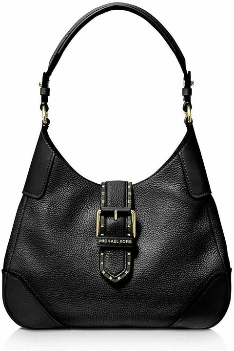 $298 MICHAEL KORS Women's Lillian Black Leather Gold Stud Buckle Shoulder Bag