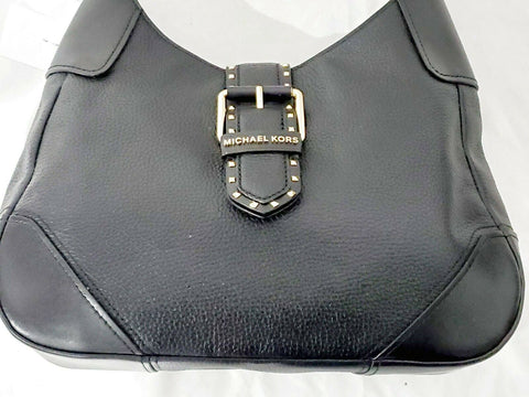 $298 MICHAEL KORS Women's Lillian Black Leather Gold Stud Buckle Shoulder Bag