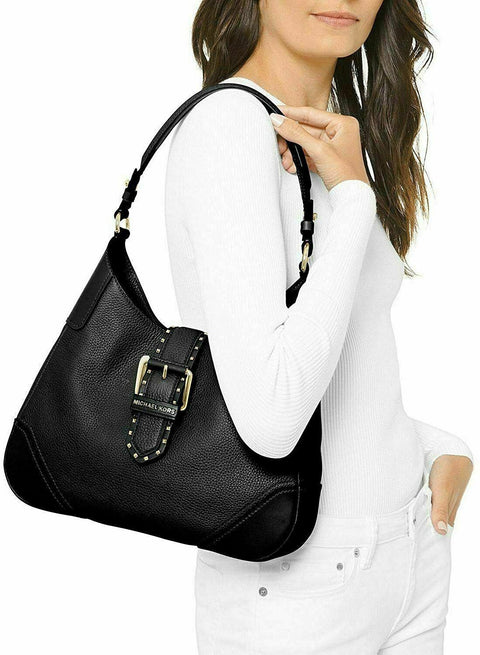 $298 MICHAEL KORS Women's Lillian Black Leather Gold Stud Buckle Shoulder Bag