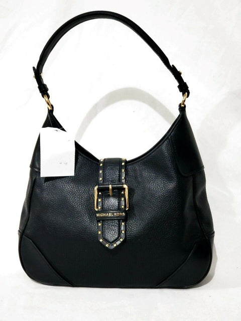 $298 MICHAEL KORS Women's Lillian Black Leather Gold Stud Buckle Shoulder Bag