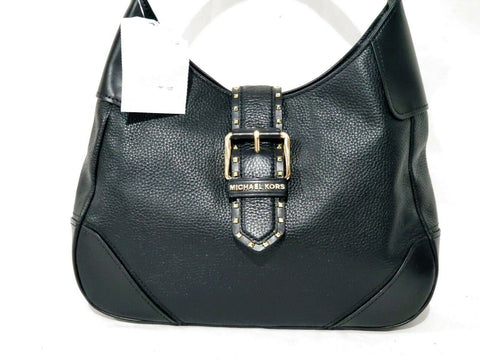 $298 MICHAEL KORS Women's Lillian Black Leather Gold Stud Buckle Shoulder Bag