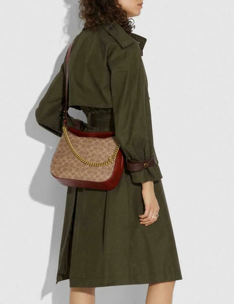 $350 New COACH Women's Signature Coated Canvas and Leather Logo Chain Hobo Bag