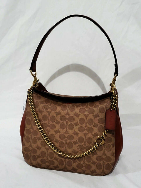$350 New COACH Women's Signature Coated Canvas and Leather Logo Chain Hobo Bag