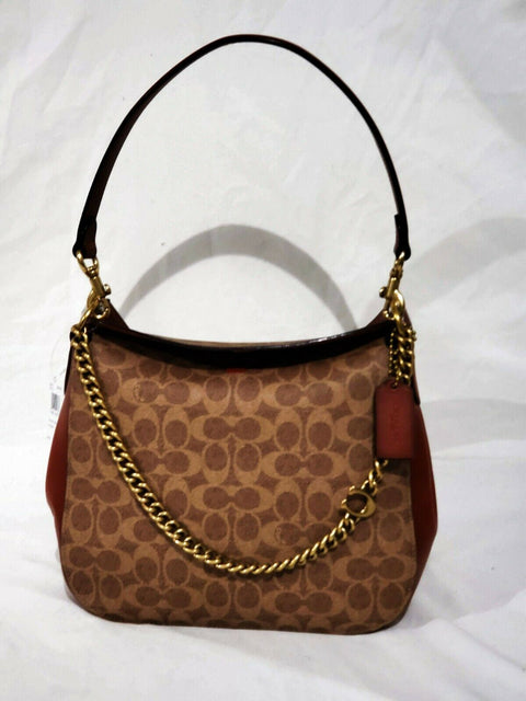 $350 New COACH Women's Signature Coated Canvas and Leather Logo Chain Hobo Bag