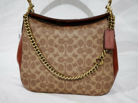 $350 New COACH Women's Signature Coated Canvas and Leather Logo Chain Hobo Bag