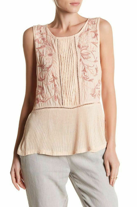 Lucky Brand Women Scoop-Neck Sleeveless Pink Peach Embroidery Blouse Top M