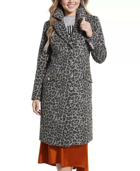$198 GUESS Women's SISA Wool Coat Jacket Gray Cheetah Print Long Sleeve Size M