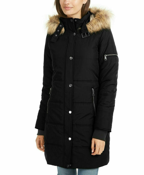 New Maralyn & Me Women's Faux-Fur Trim Hooded Puffer Coat Jacket Black Size M
