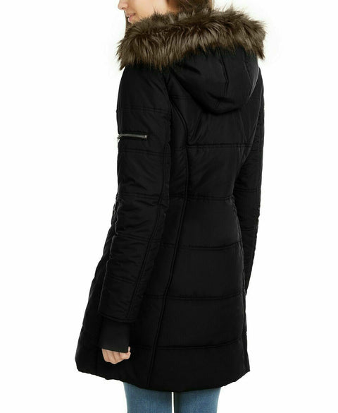 New Maralyn & Me Women's Faux-Fur Trim Hooded Puffer Coat Jacket Black Size M