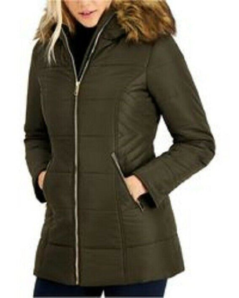 New Maralyn & Me Women's Faux-Fur Trim Hooded Puffer Jacket Olive Green Size 2XL