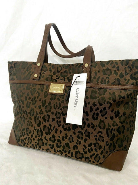 $149 Calvin Klein Women's Teodora Leopard Animal Print Shoulder Tote Bag Brown