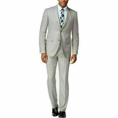 Perry Ellis Men Grey 2PC Suit Two Button Jacket Lined Coat Slim-Fit Pant 40L 34W
