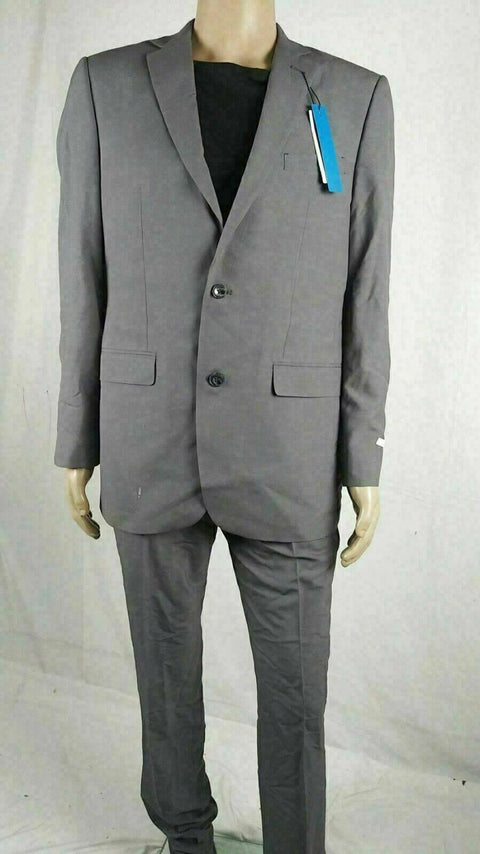Perry Ellis Men Grey 2PC Suit Two Button Jacket Lined Coat Slim-Fit Pant 40L 34W