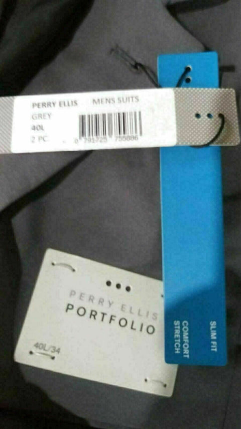 Perry Ellis Men Grey 2PC Suit Two Button Jacket Lined Coat Slim-Fit Pant 40L 34W