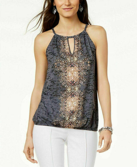 INC Concepts Women's Embellished Keyhole Black-Print Embroidery Top S