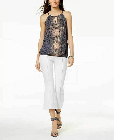 INC Concepts Women's Embellished Keyhole Black-Print Embroidery Top S