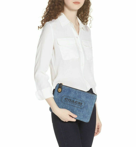 New COACH Women's Denim Pouch Large Wallet Organizer Clutch w/ Turn lock