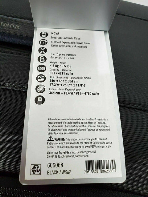 $720 NEW VICTORINOX Swiss Army Nova Medium Soft Black Luggage Suitcase