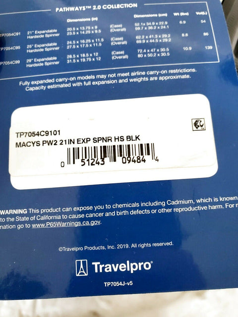 New Travelpro Pathways 2.0 21" Hardcase Carry-On Spinner Luggage Black
