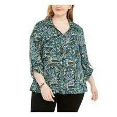 NY Collection Women Green Paisley Button Front Roll Tab Sleeve Shirt Top Plus 3X
