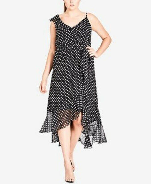 $129 New City Chic Women's Black Ruffle Wrap Dress Tunic Polka Dot Plus Size 16
