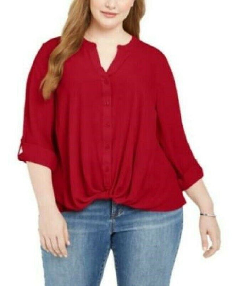 INC CONCEPTS Women's Red Roll Sleeve Button Front Twist Front Blouse Top Plus 3X
