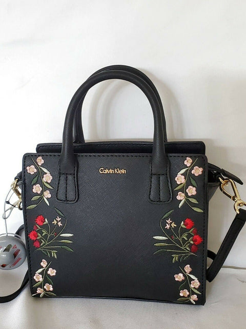 $198 Calvin Klein Women's Black Embroidery Small Crossbody Leather Bag Black