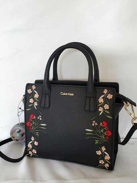 $198 Calvin Klein Women's Black Embroidery Small Crossbody Leather Bag Black