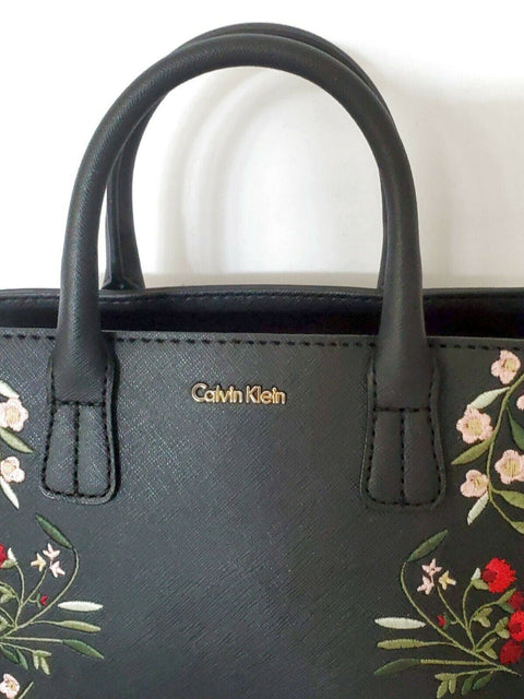 $198 Calvin Klein Women's Black Embroidery Small Crossbody Leather Bag Black