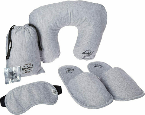 New Herschel Supply Travel Amenity Kit Gray Pillow Slippers Eyes mask Set