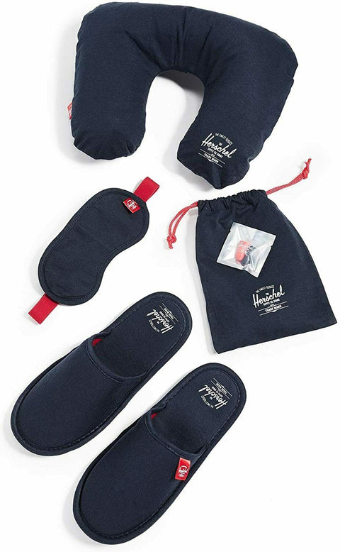 New Herschel Supply Travel Amenity Kit Blue Pillow Slippers Eyes mask Set