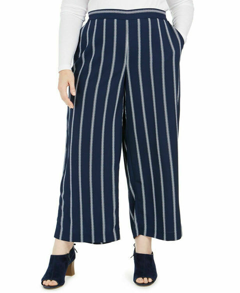 New Charter Club Women's Wide-Leg Crop Striped Pull On Pants Blue Size Plus 2X