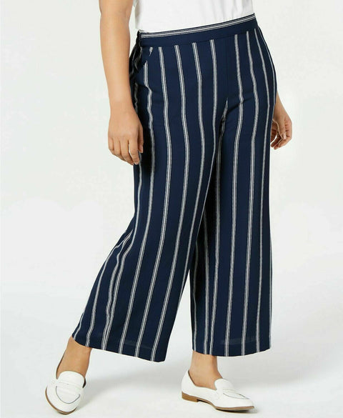 New Charter Club Women's Wide-Leg Crop Striped Pull On Pants Blue Size Plus 2X